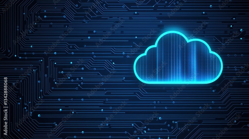 Poster digital cloud icon with circuit background in blue tech design
