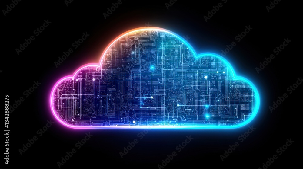 Poster digital cloud concept with neon glows and circuit patterns