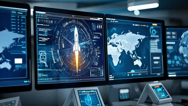 Mission control activated launching rocket trajectory visualization, illustrating space exploration, aerospace operations, flight monitoring, technology innovation and mission planning