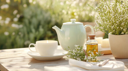 serene tea setup with teapot, cup, and aromatic elements, perfect for relaxation
