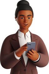 Black businesswoman in brown suit looking at phone