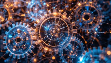 Abstract Digital Art Translucent Gears and Glowing Nodes