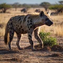 Naklejka premium Close-Up of a Spotted Hyena with Fierce Expression in the African Landscape