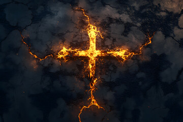 Structure Christian cross Forged entirely from fire orange magma and blazing. Body glow with fiery cracks resembling molten veins of active on black background. Surreal visual effect. Religious belief