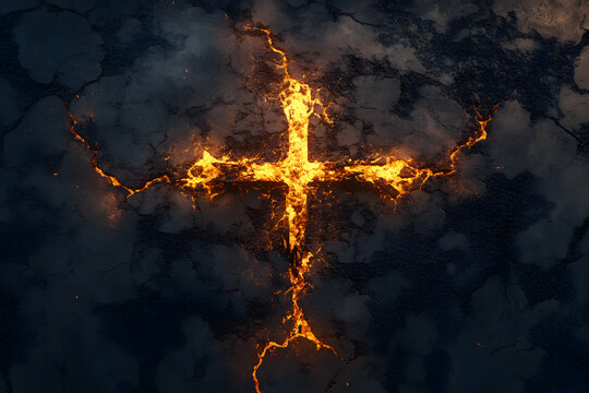 Structure Christian cross Forged entirely from fire orange magma and blazing. Body glow with fiery cracks resembling molten veins of active on black background. Surreal visual effect. Religious belief