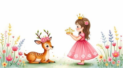 Fototapeta premium Girl in pink dress interacts with deer in a flower garden
