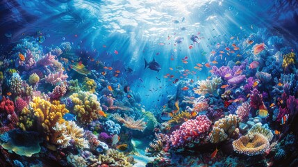 Obraz premium Vibrant coral reef ecosystem teeming with marine life underwater scenery illuminated by sun rays and a diverse population of tropical fishes