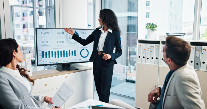 Online, group and meeting for data, business and collaboration for financial performance or digital. Monitor, team and people with tech for investment, accountant and colleagues with info on screen