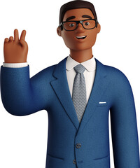 3D Black businessman in blue suit with peace sign hand