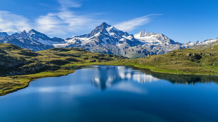 Obraz premium Stunning alpine lake reflecting majestic snow capped mountains sky blue view calm peaks water image