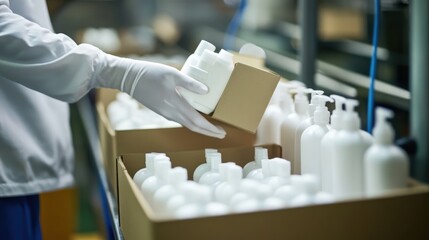 Worker Packing Bottles of Lotion in a Factory