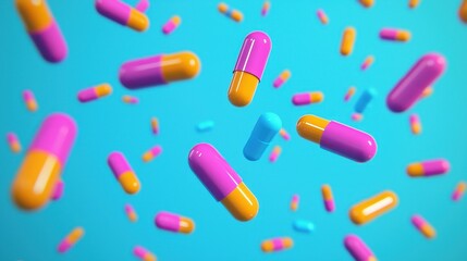 Colorful Capsules and Pills on Vibrant Blue Background Floating