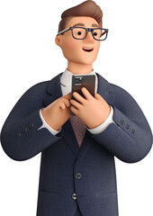 3D Businessman in dark blue suit with phone looking aside