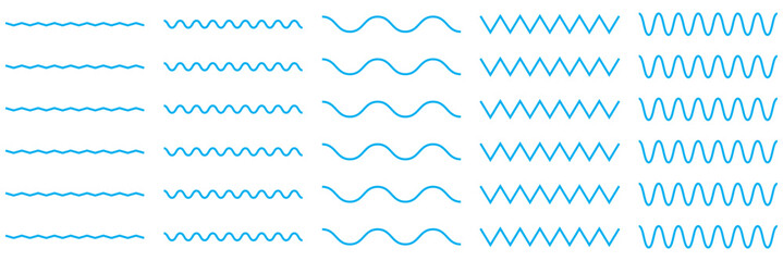 Set of wavy zigzag stroke lines pattern. Vector line border, wave ripple, zigzag, borders. 