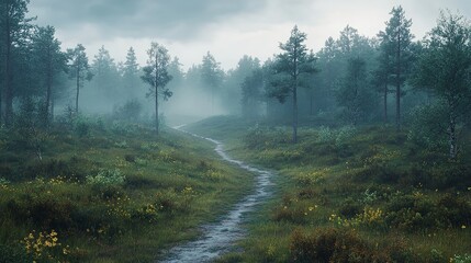 A serene forest pathway meanders through a mist-covered landscape, surrounded by lush greenery and vibrant wildflowers, evoking a peaceful, enchanted atmosphere.