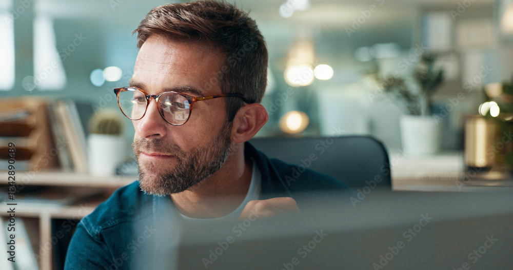 Poster Computer, thinking and business man problem solving, creative insight and software development. Planning, reflection and serious worker with inspiration, vision and web designer in startup office