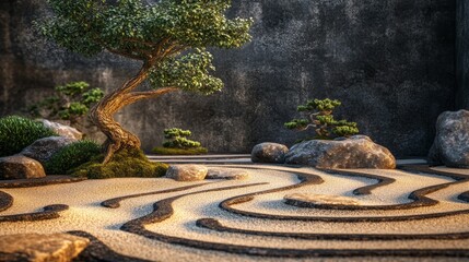Peaceful zen garden with sand patterns, rocks, and bonsai trees, stock photo with high quality