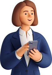Businesswoman in blue suit with phone looking aside