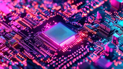 Obraz premium Colorful Circuit Board with Microchip and Dynamic Light Patterns