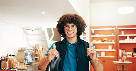 Food delivery, smile and shaka with man in cafe for online order, ecommerce and courier package. Restaurant takeaway, hospitality and hand gesture with portrait of person in coffee shop for lunch