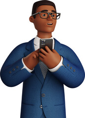 Black businessman in blue suit with phone looking aside