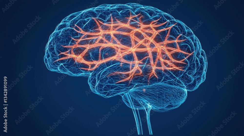 Poster digital brain illustration with neural connections and patterns