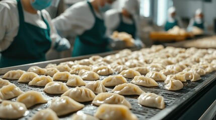 Rows of Gyoza on a Metal Tray in a Food Production Facility