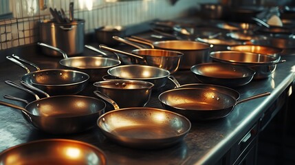 A lot of frying pans from steel on a professional kitchen counter