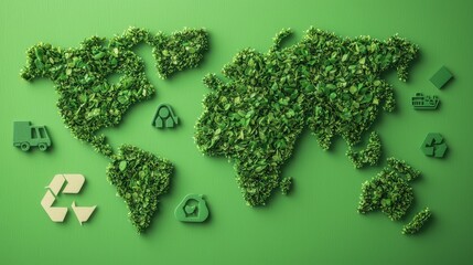 Earth Map Made of Leaves with Eco-Friendly Icons on Green Background