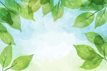 Watercolor Leaves Frame with Soft Blue Background for Design Projects