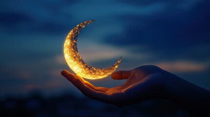 A crescent moon, a celestial symbol of Islam, hangs majestically in the twilight sky, its silver glow casting a spellbinding aura over the landscape below.