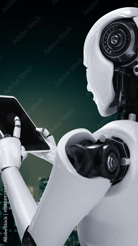 Poster robot hominoid using tablet computer in concept of ai thinking brain , artificial intelligence and m