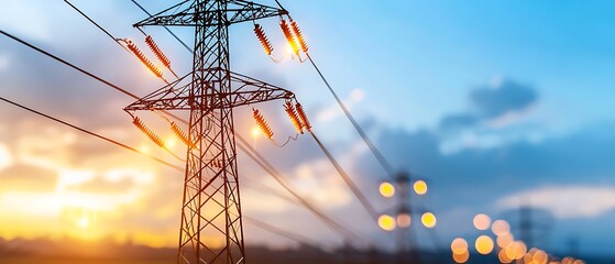 Powerful electricity transmission tower at sunset