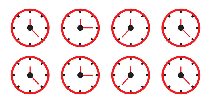 Set of clock icons. Clock, time. Hours dial. Watch time. Business deadline. Time clock icon. Wall clock vector icon. Schedule timer sign for UI designs.