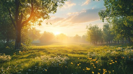 Enchanted Forest Sunrise with Sunbeams and Glittering Air Particles