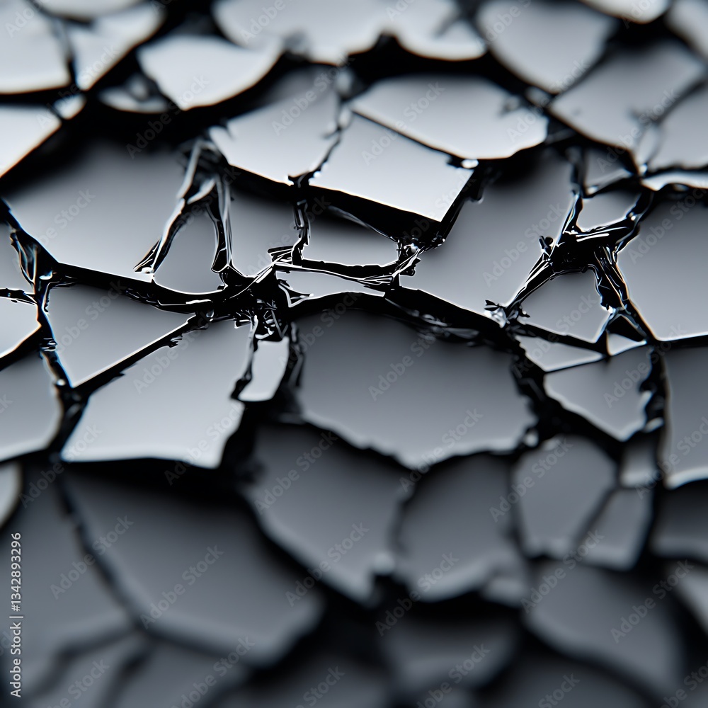 Poster a textured surface of cracked black material, emphasizing intricate patterns and glossy reflections.