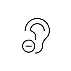 Ear and minus symbol. Audio volume down, hearing protection. Loss of hearing. Pixel perfect, editable stroke vector icon