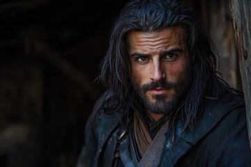 Man with long hair, beard, and dark clothing staring intensely. Perfect for historical fiction, fantasy novel, or rugged adventure themes.