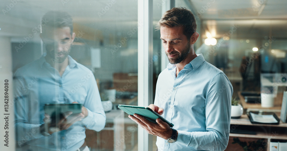 Poster Tablet, reading and scroll with business man in office for planning, company consultant and performance analyst. Professional, client feedback and research with person in agency for project idea