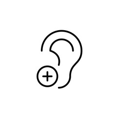 Ear and plus sign. Audio input up, sound amplification assistance. Hearing problems healthcare solutions. Pixel perfect, editable stroke vector icon