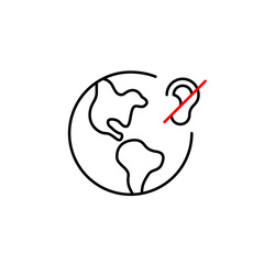 Earth and crossed out ear symbol. Silent mode, world international news coverage offline. Hearing-impaired friendly services. Pixel perfect, editable stroke vector icon
