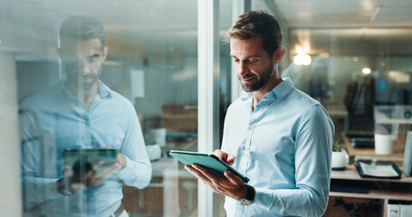 Tablet, reading and scroll with business man in office for planning, company consultant and...