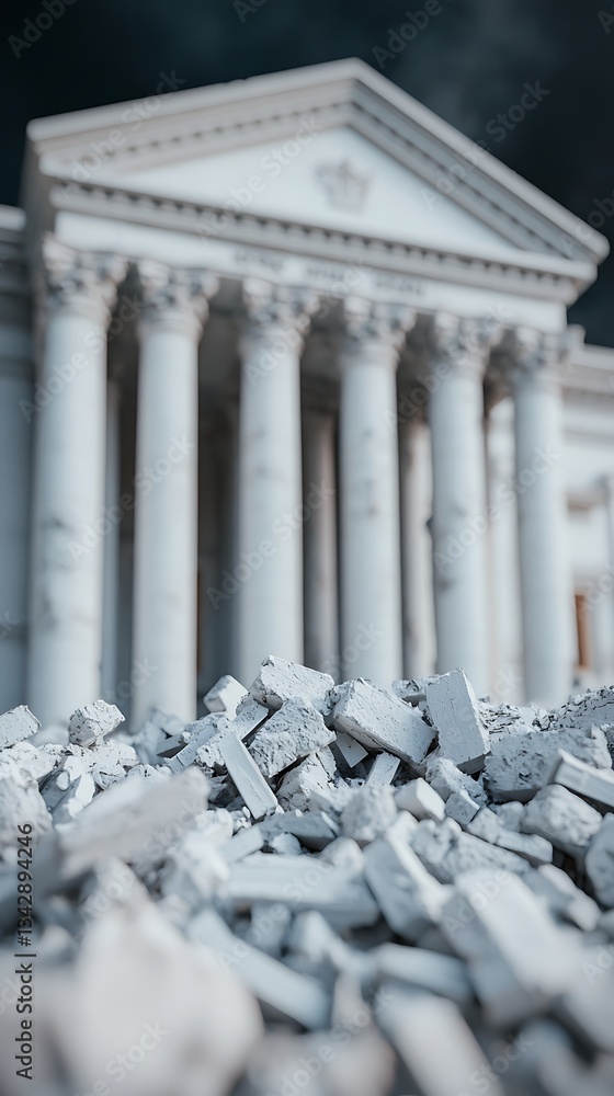 Poster a majestic building with classical architecture stands amidst rubble, symbolizing resilience and cha