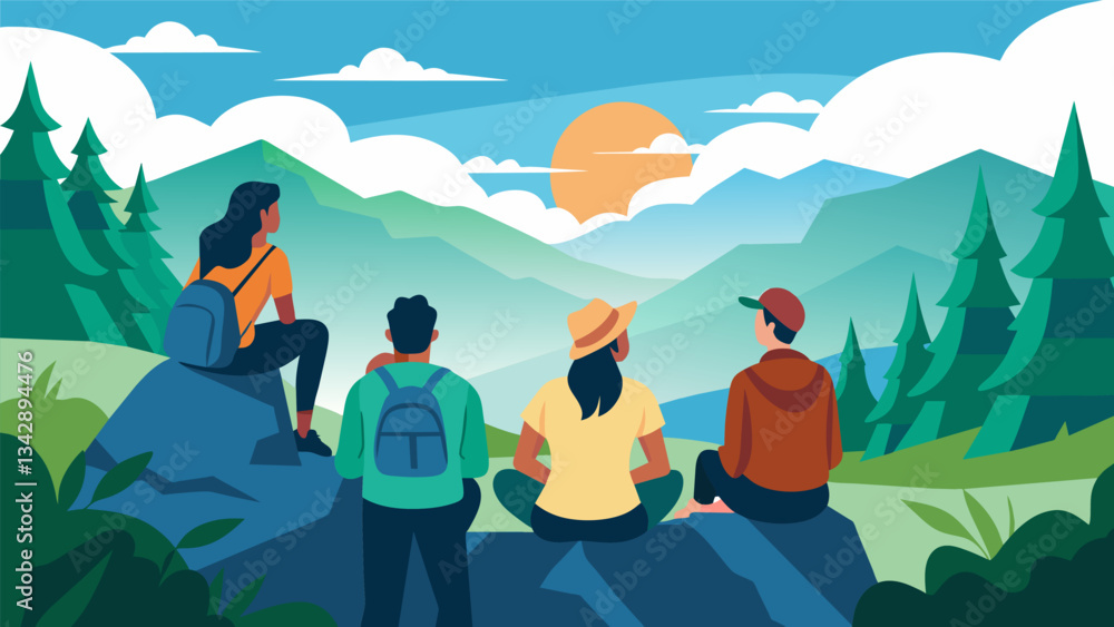 Poster a group of hikers taking a break on a scenic overlook surrounded by stunning views of the forest and