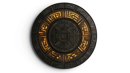 Obraz premium A digitally rendered image depicting a circular design with intricate geometric patterns. The design is predominantly dark brown with a texture suggesting metal or stone. The central portion of the
