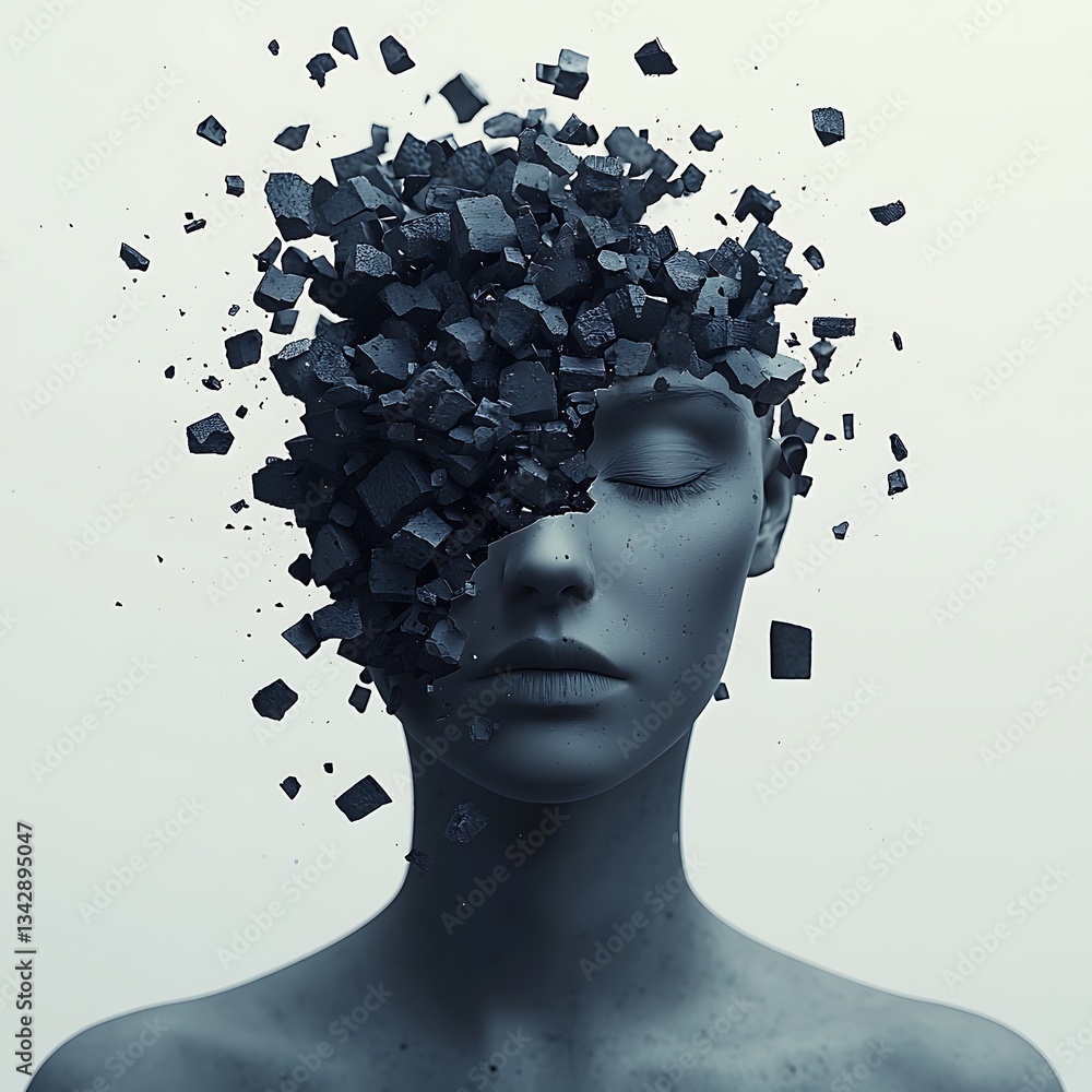 Poster a surreal image depicting a mannequin with a fragmented head, symbolizing disintegration or loss of 