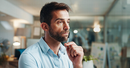 Business, thinking and man in office, choice or problem solving with pressure for project. Person,...