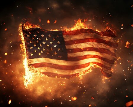 American Flag Burning in Flames with Flying Embers