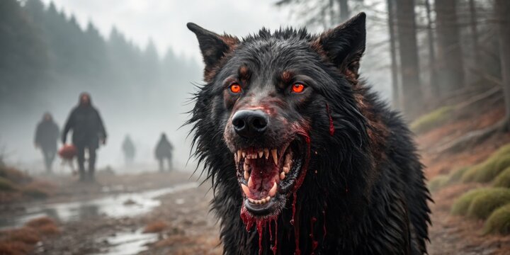 Fierce black wolf with glowing eyes stands in misty forest, ominous figures in background during twilight hours - Powered by Adobe