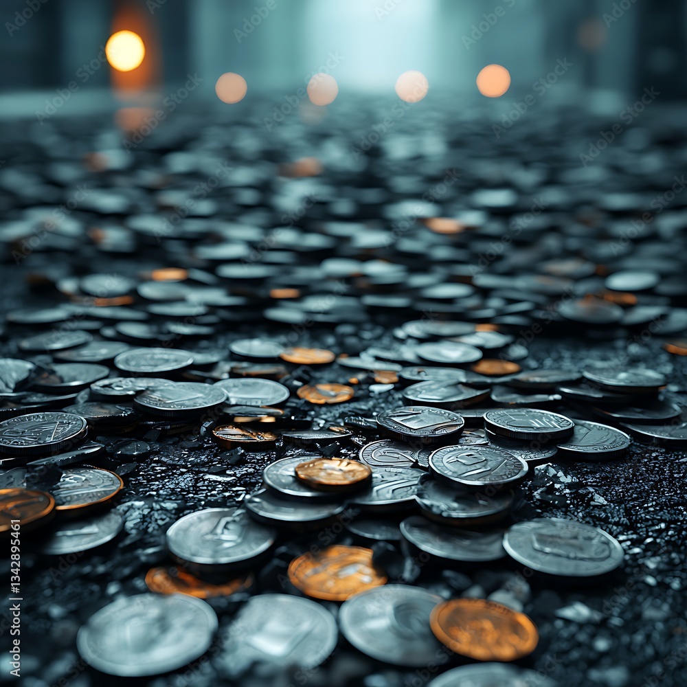 Aufkleber a close-up view of scattered coins on a surface, reflecting light, creating a mesmerizing texture an